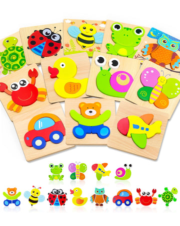 Bekayshad Wooden Puzzles Toddler Toys Gifts For 1 2 3 Year Old Boys Girls, 12 Pack Animal Jigsaw Puzzles Montessori Toys, Learning Educational Christmas Birthday Gifts For Girls Boys Ages 1-3