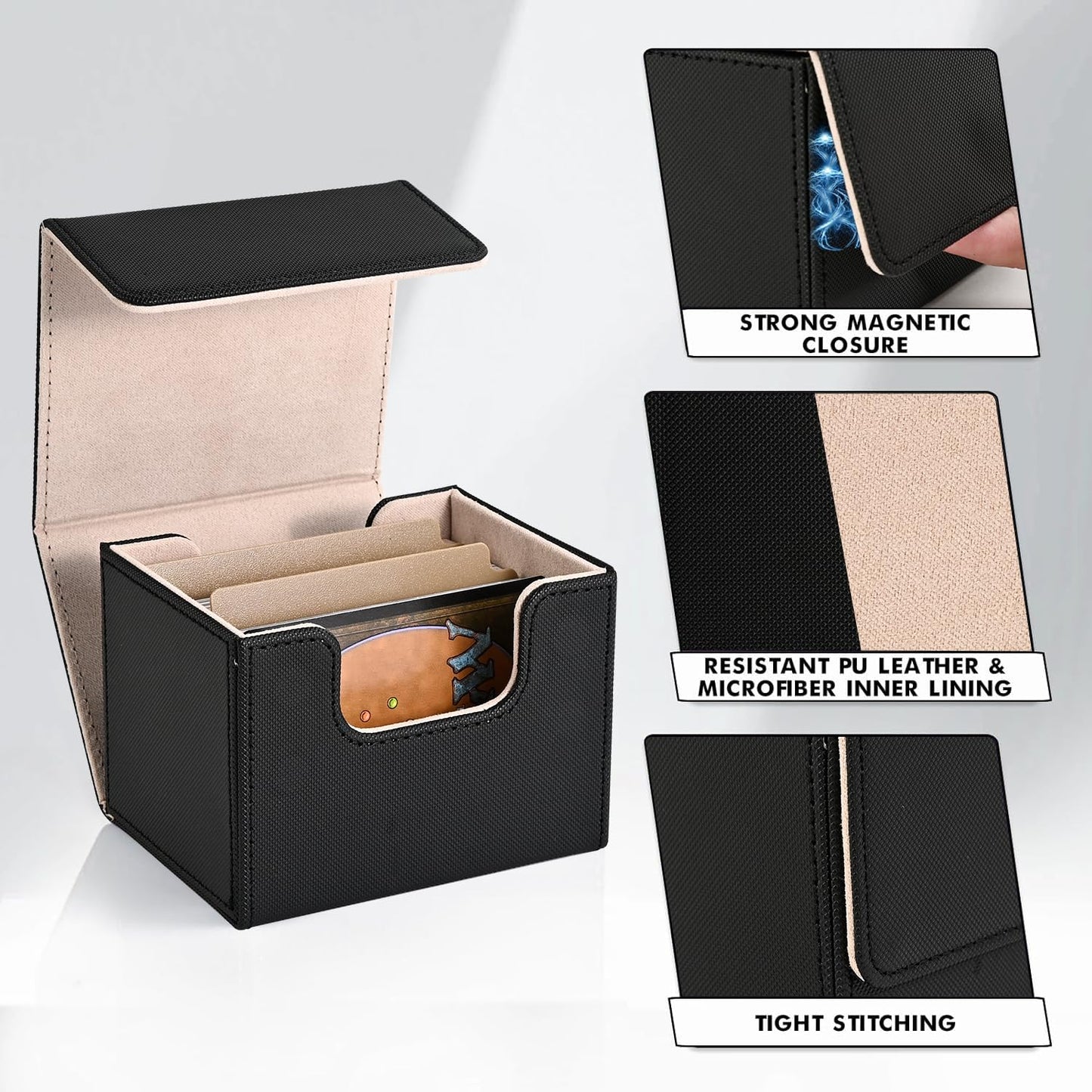 Zlca Card Deck Box For Trading Cards, Mtg Commander Deck Box Holds 120+ Single Sleeved Cards, Leather Magnetic Card Storage Box Fits For Tcg Ccg Magic Cards (Black& Gold)