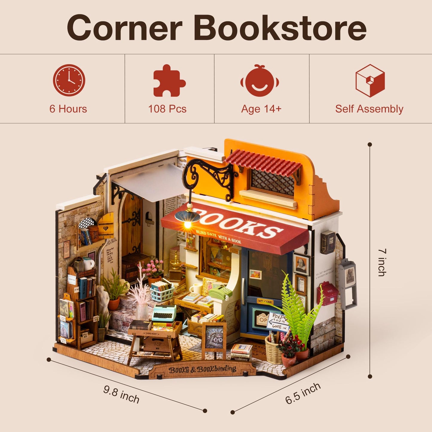 Robotime Diy Miniature House Kit Mini Corner Bookstore Tiny House Making Kit With Led Wooden Craft Diorama Kit Decorative Hobby