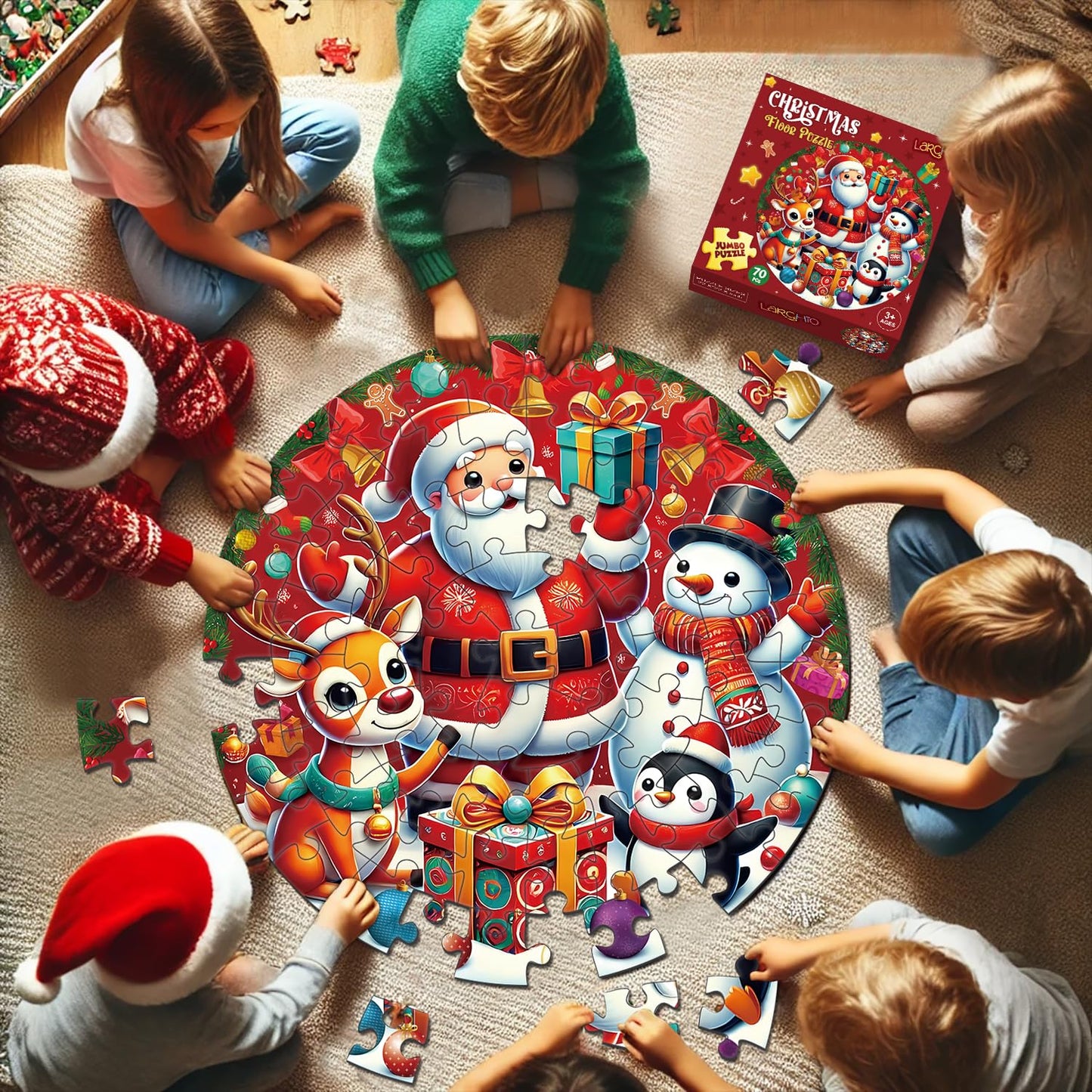 Christmas Floor Puzzles For Kids Age 3-8, 70Pcs Giant Christmas Jigsaw Puzzles With Santa Claus And His Friends Educational Stocking Stuffers For Kids Girl Boys 4 5 6 7 8