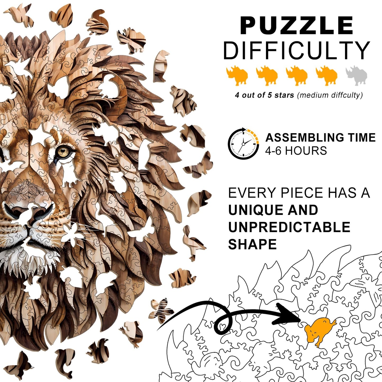 Wooden Puzzles for mature-themeds - 300 Pieces Lion Unique Shaped Wooden Jigsaw Puzzles for mature-themeds  King Size 14.69'' x 14.96'' mature-themed Wood Puzzles for Family Friend Game