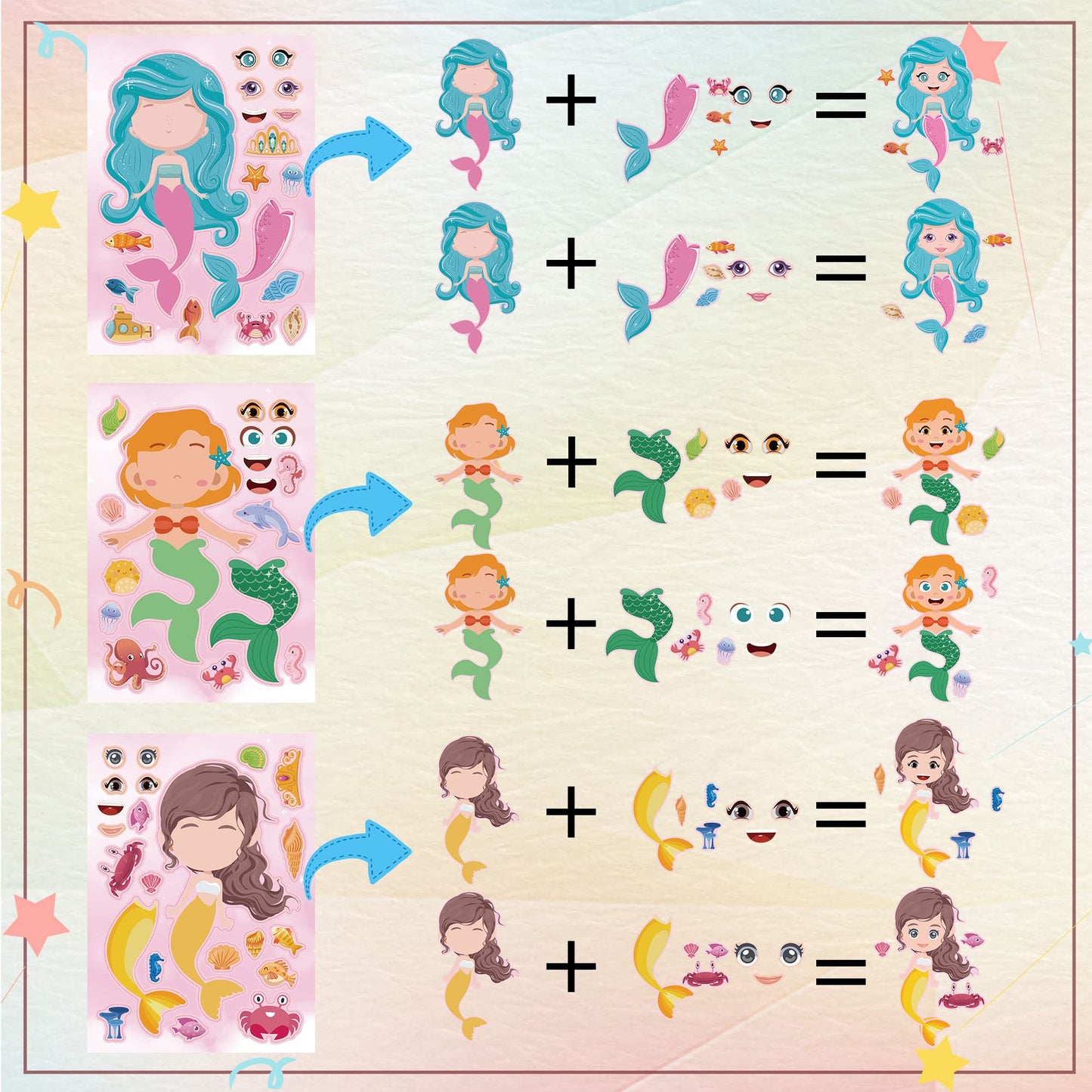 Dorgua Make-A-Face Sticker Set, Make A Mermaid Stickers For Kids Girls, Diy Craft Stickers Face Stickers, Make Your Own Mermaid