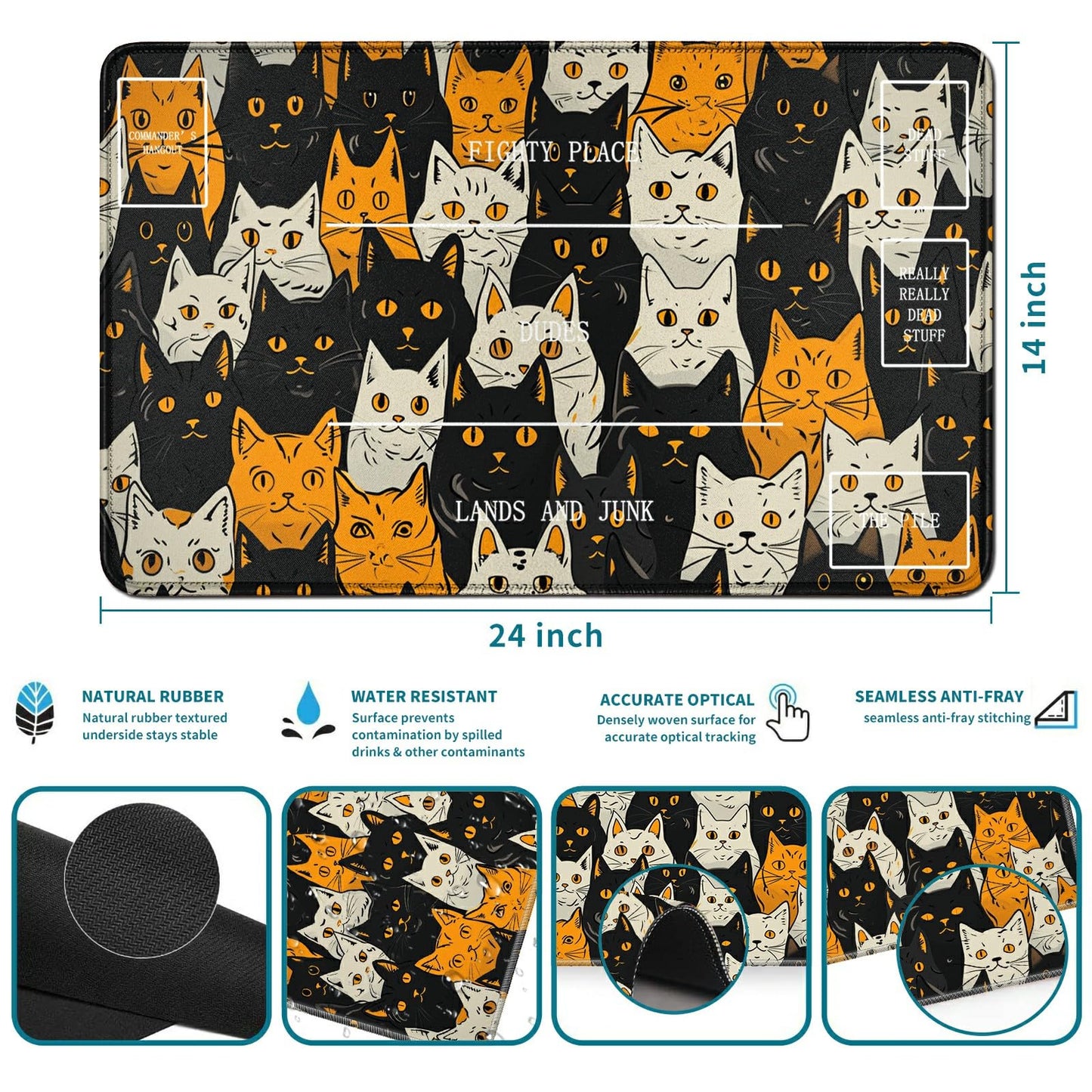 Rwutytiul Orange White Cat Card Playmat 24 X 14 Inch With Tube Bag, Card Gameplay Playmat With Zones Commander Deck Board Mtg Rp