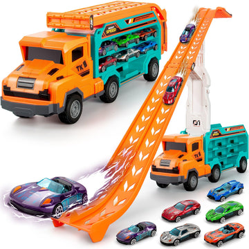 Kids Toys for 3 4 5 6 7 8 Years Old Boys, Carrier Truck Transport Car Toys, Foldable 2 Layer Car Race Track Playset with 25-in R