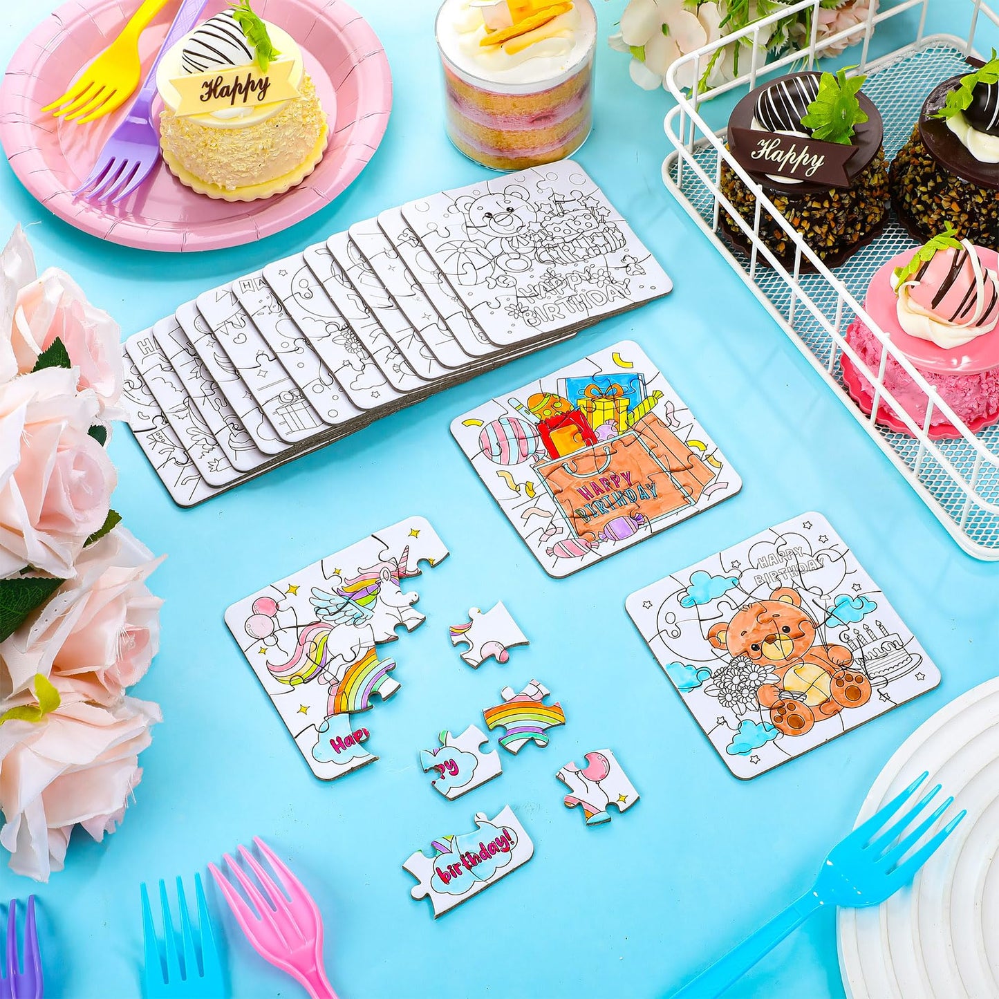 Realspring 24 Pack Happy Birthday Color Your Own Jigsaw Puzzles for Kids 3-5, 4-6, 6-8, Coloring Crafts DIY Paper Puzzles Party
