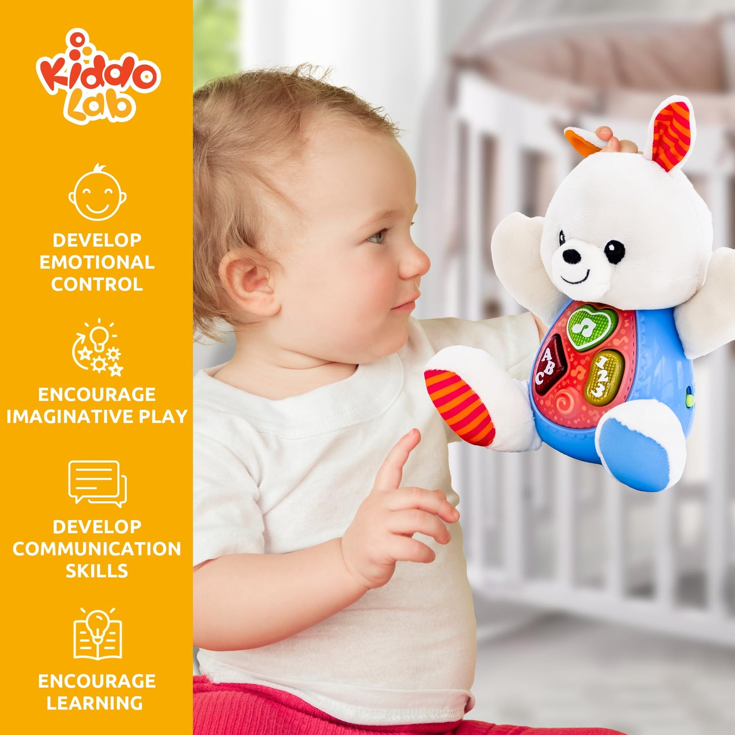 Kiddolab Bunny Plush Toy - Musical Stuffed Animals With 3 Light-Up Buttons, 4 Children'S Nursery Songs & Sound Effects - Soft Learning Toy For Infants, Babies, And Toddlers Aged 3 Months And Up