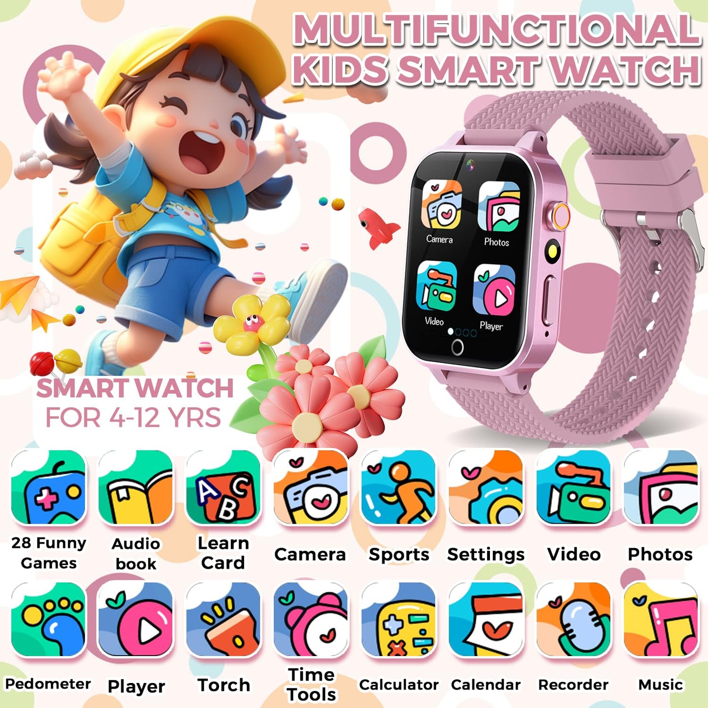 Kids Smart Watch for Girls Age 3-12 with 26 Games Audiobook Learning Cards HD Video Camera Touchscreen Music Player Pedometer Metal Case Kids Watch Toy Birthday Gift with 2 Screen Protector (Pink)