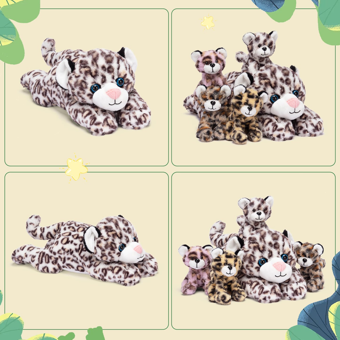 Ikasa Mommy Leopard Stuffed Animal Mom And Baby Cheetah Plush Toy, Cute 18'' Soft Small Mama Family Set Toys With Little Mini Ba