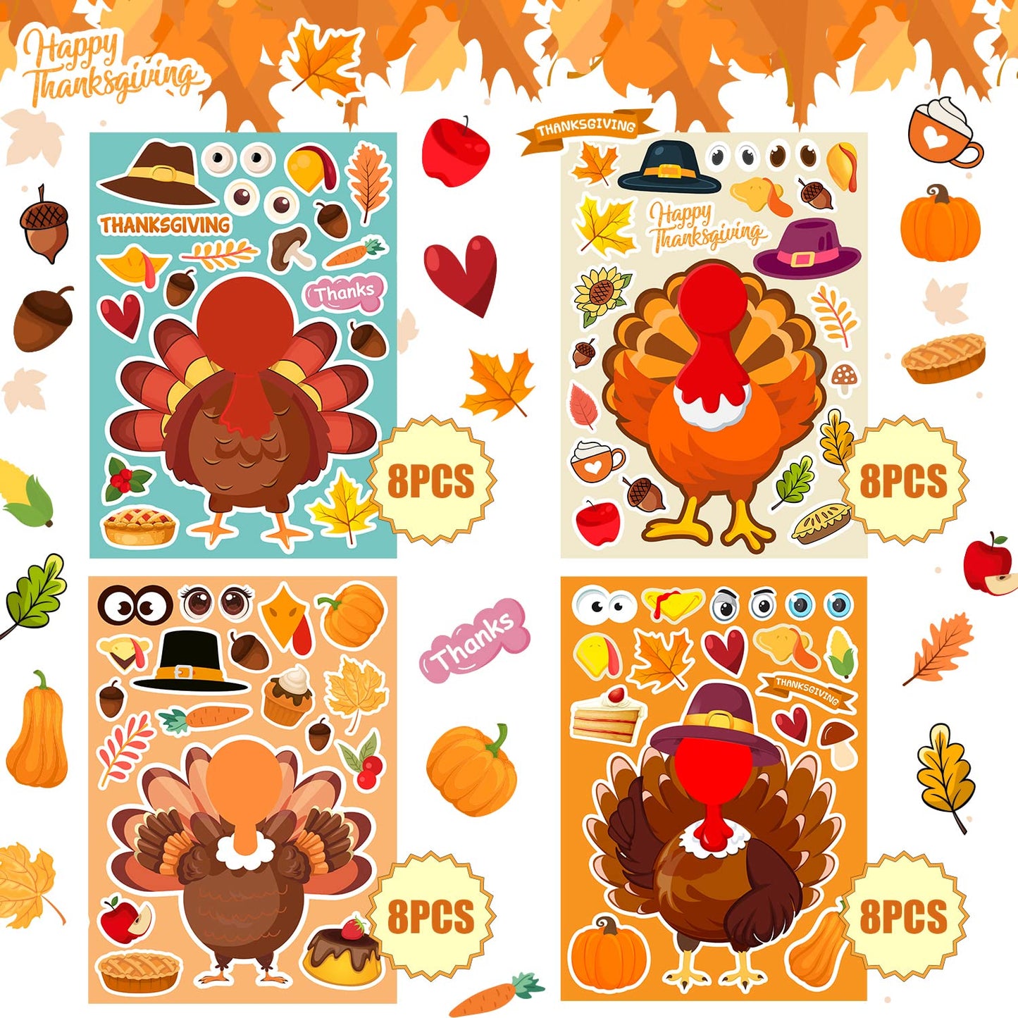 32 Sheets Thanksgiving Stickers, Thanksgiving Crafts for Kids, Make-A-Turkey Stickers for Kids Thanksgiving Party Favors Decorat