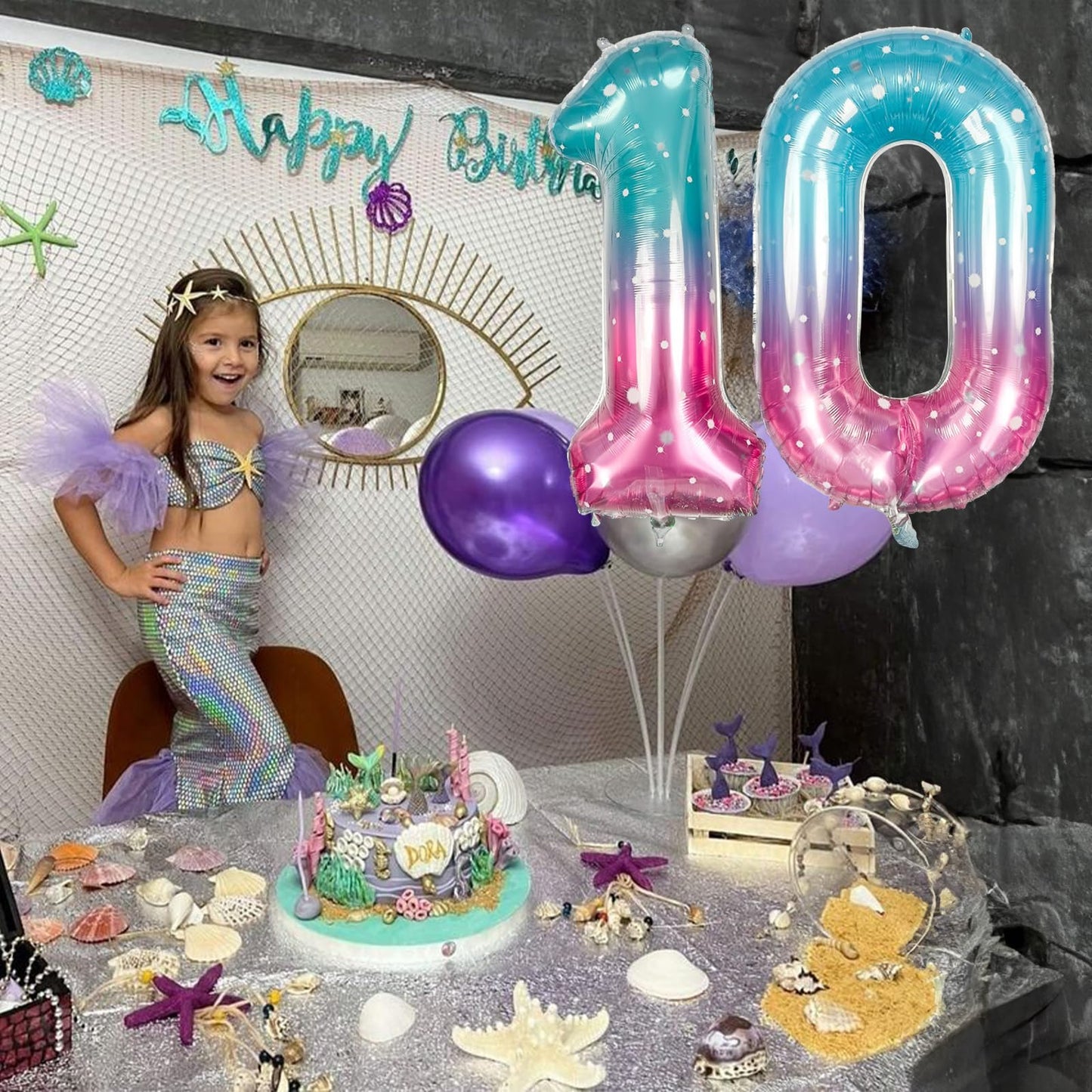 Mermaid Number 0 Balloons 40 Inch, Large Purple Teal Rainbow Number Balloons 0-9 Set, Starry 0 Mylar Foil Balloon Numbers For Gi