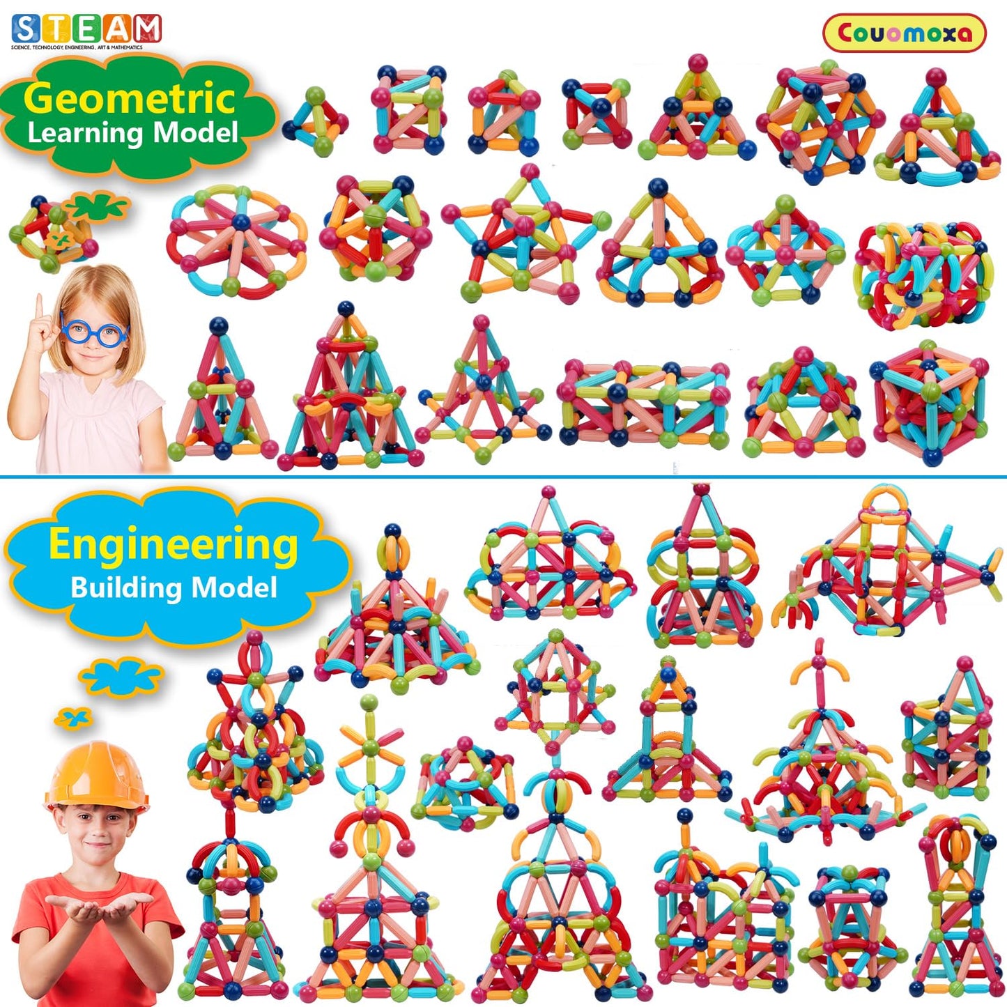 Couomoxa 132 Pcs Magnetic Building Blocks Toy-Stem Construction Building Set Learn Resource For Toddler Kids Magnet Toys For 3+ Year Old Montessori Toys For 2-6 Year Old Girl Boys Birthday Gift
