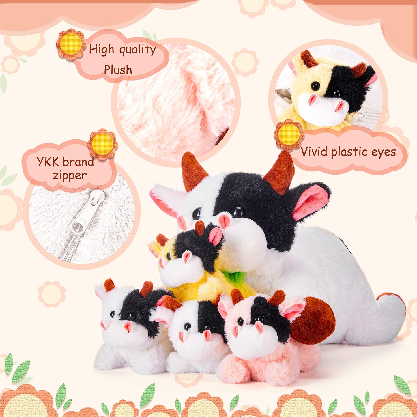 Ikasa Mommy Cow Stuffed Animal Mom And Baby Plush,Cute 17' Soft Small Fluffy Mama Family Set Cuddly Huggable Toy With Little Mini Babies