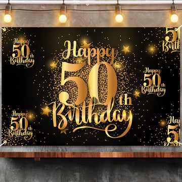 Mnixy Happy 50Th Birthday Backdrop Banner Step And Repeat 50 Years Old Background Decorations For Women Men Her Him Photography Party Supplies Glitter Black Gold (1)