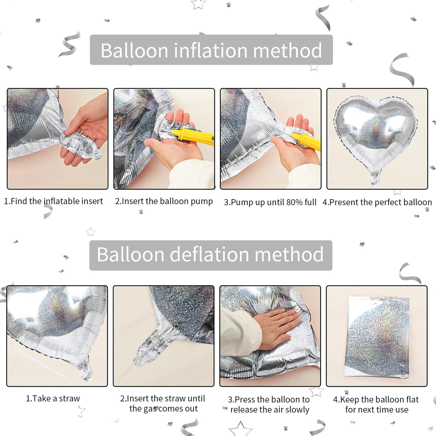 Glitter Silver Foil Heart Balloons, 10Pcs Silver Heart Shape Balloons, Valentines Balloons 18Inch Love Foil Balloons Helium For