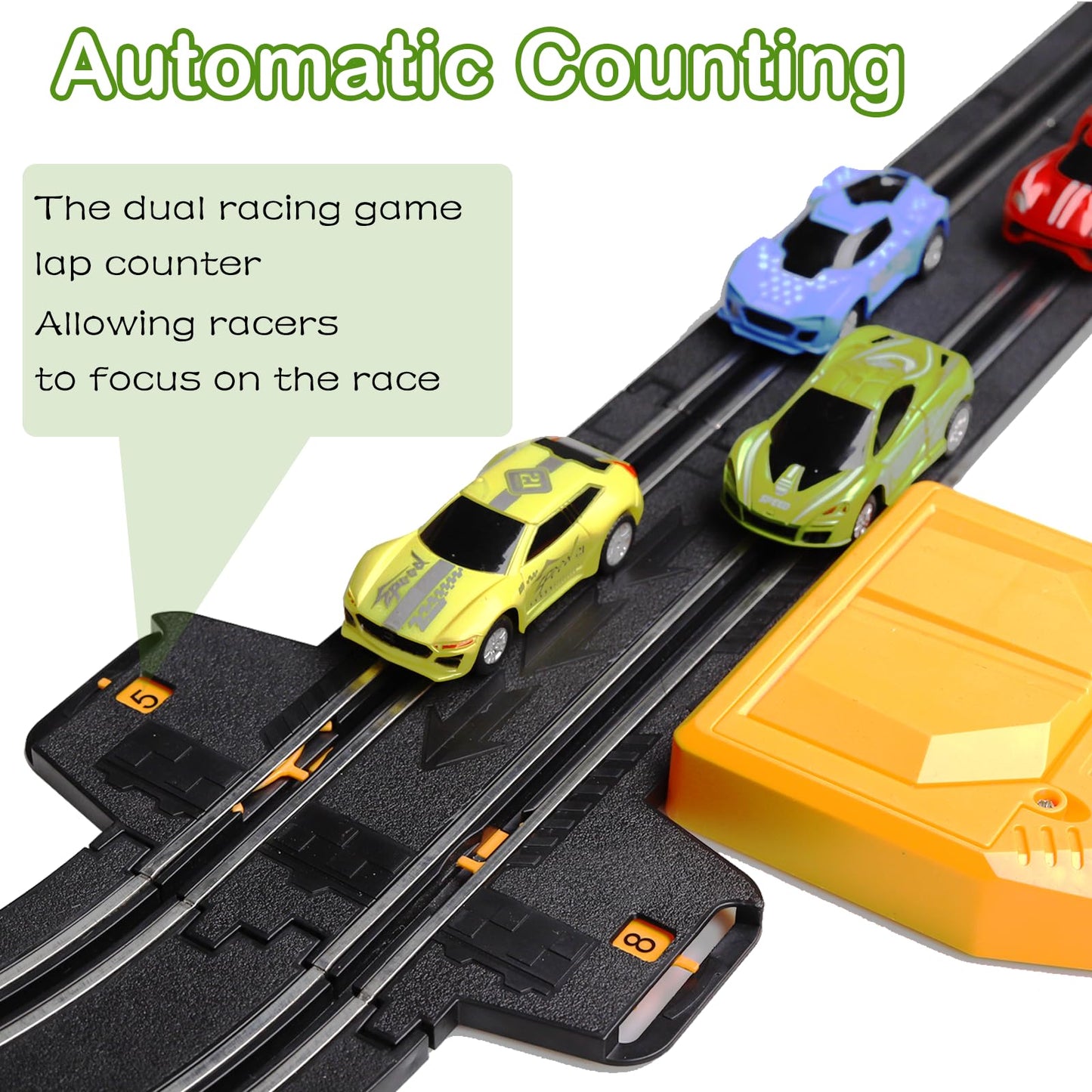 Slot Car Race Track Sets, 23Ft Battery Powered Or Electric Track With 4 Slot Cars, Dual Racing Game Lap Counters, Race Track Set Features A Loop, Turns, Straightaways And A Crossover For Boys Age 6-12