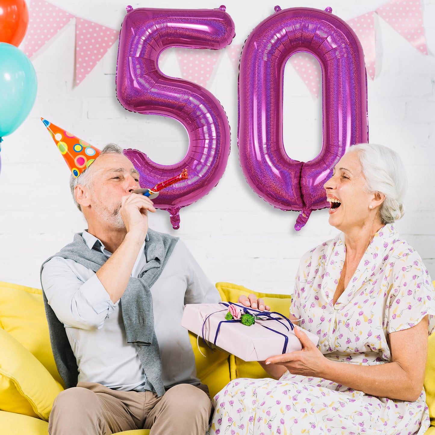 50 Year Old Birthday Balloons, Self Inflating Dark Pink Giant Number 50 Balloons For Women, Laser Hot Pink Iridescent 40 Inch 50
