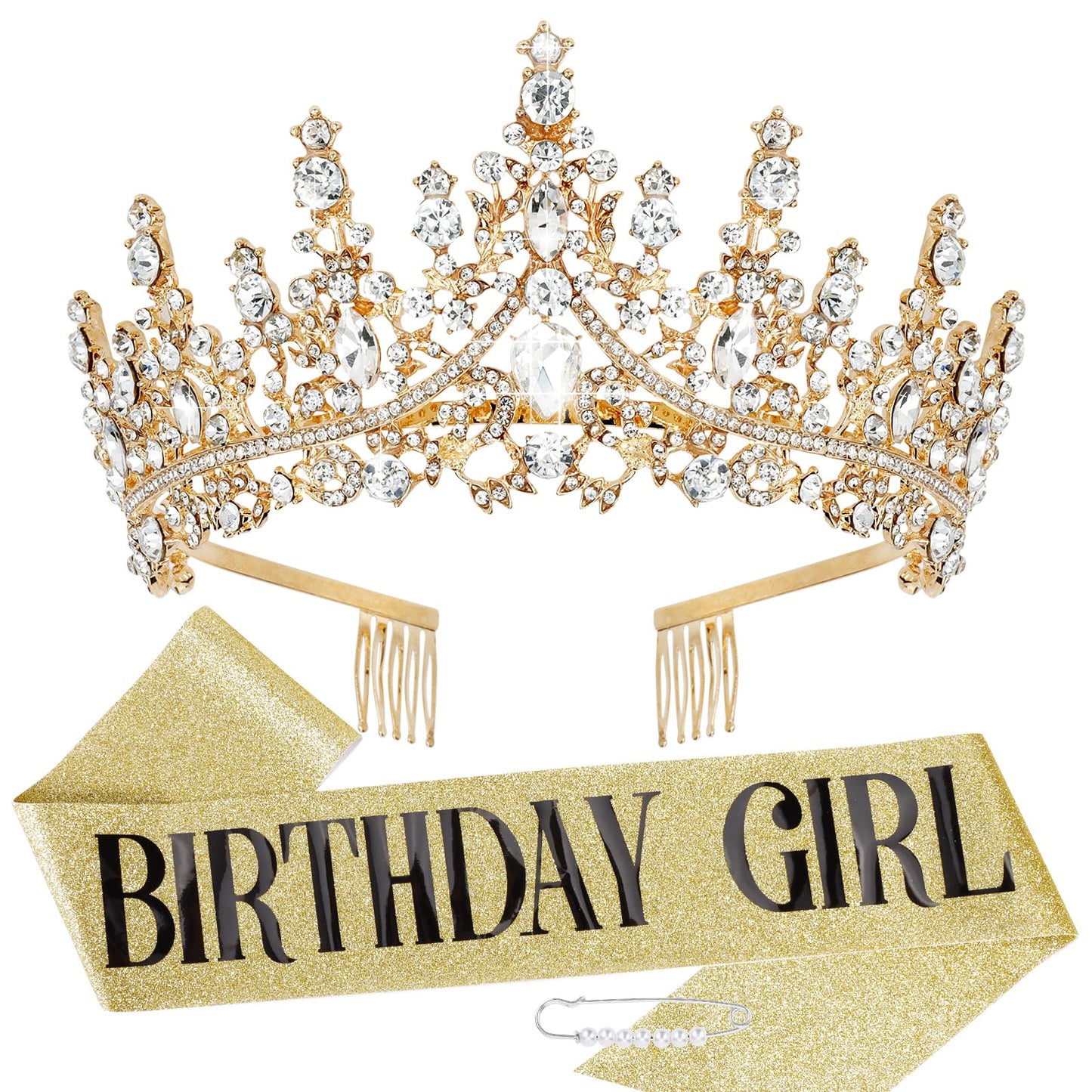 TOBATOBA Birthday Crown and Sash Set for Women and Girls - Gold Tiara, Princess Decorations, Birthday Gifts -Like New
