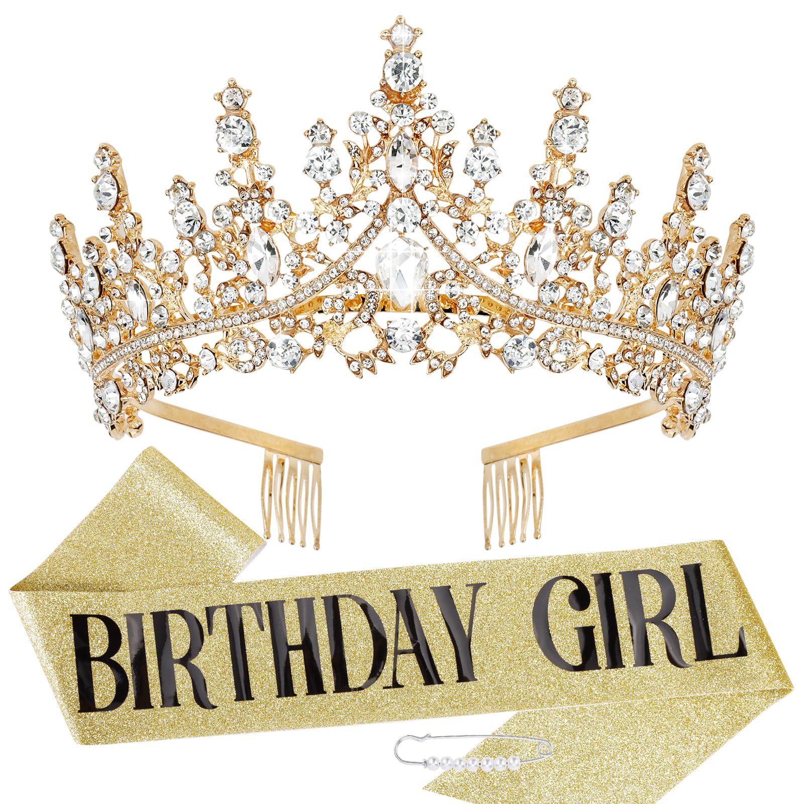 TOBATOBA Birthday Crown and Sash Set for Women and Girls - Gold Tiara, Princess Decorations, Birthday Gifts -Like New