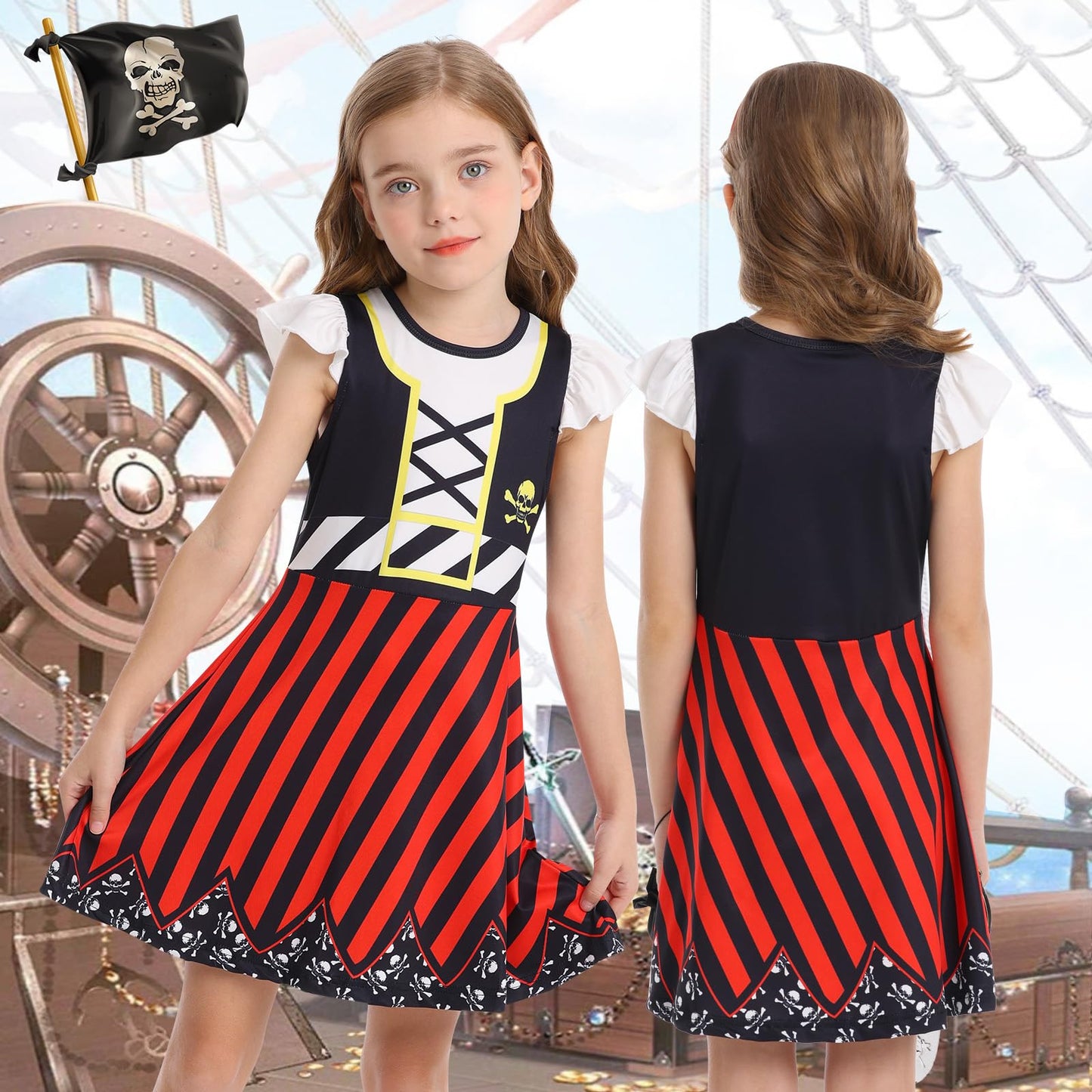 Sukyfecde Buccaneer Costume Girls Pirate Dress up Kids Birthday Party Dress Halloween Cosplay Outfits Size 2t Red