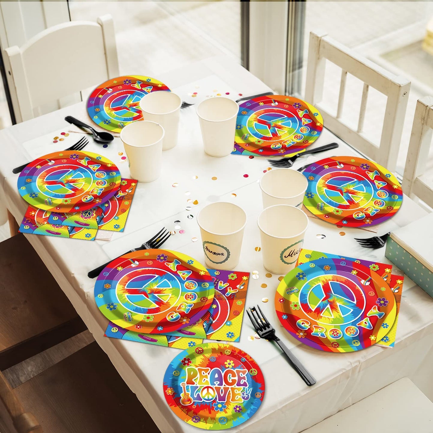 96 Pcs 60’S Party Hippie Tableware Set Groovy Hippie Plates Napkins 60S Hippie Themed Party Decorations Peace Love Tie Dye Style Disposable Paper Tableware Birthday Party Suplies Favor For 24 Guests