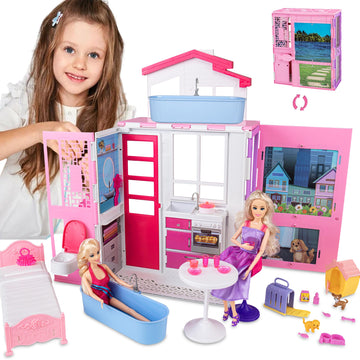Portable Dollhouse Playset For 11.5 Inch, 2-Story Doll House With 25+ Pcs Dollhouse Furnitures & Accessories, Space Saving Playh