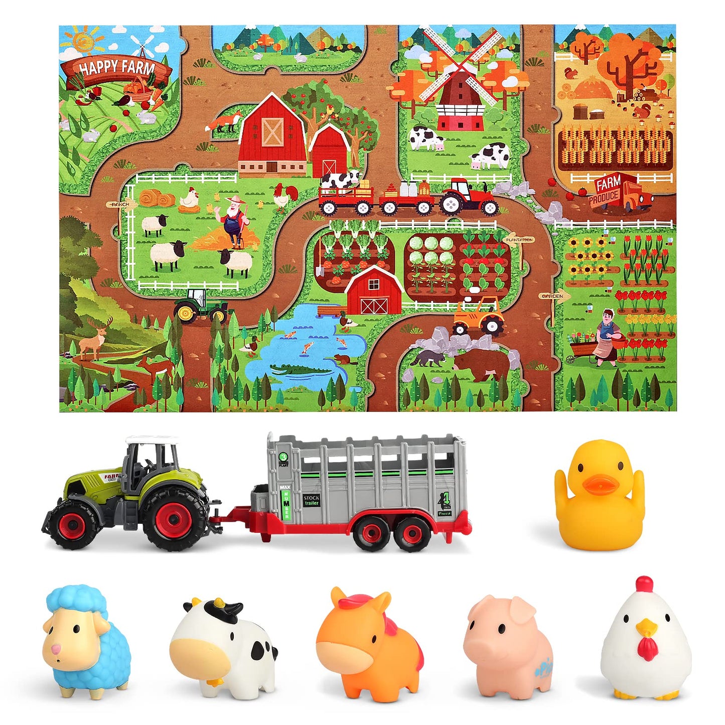 Oriate Farm Tractor Carrier With Cartoon Farm Animals And Playmat, 6 Pack Bath Squirter Silicone Rubber Farm Animal Toys, 47.2” X 31.5” Happy Farm Play Mat, Birthday Gifts For Toddler Baby