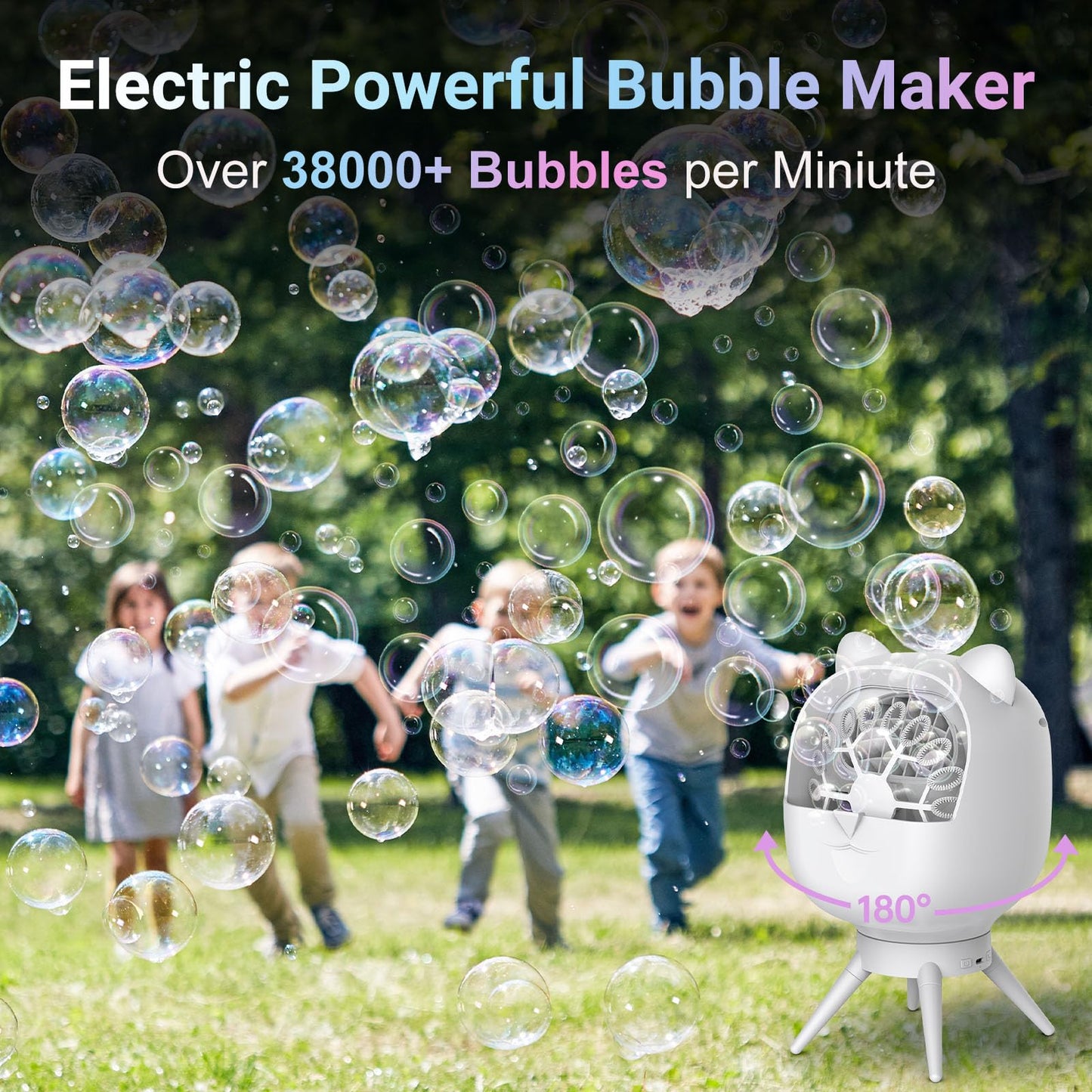 Rechargeable Bubble Machine For Toddlers Kids, Automatic-Rotating, 38000+ Big Bubbles/Min, 2 Speed Modes, Battery Operated, Bubb