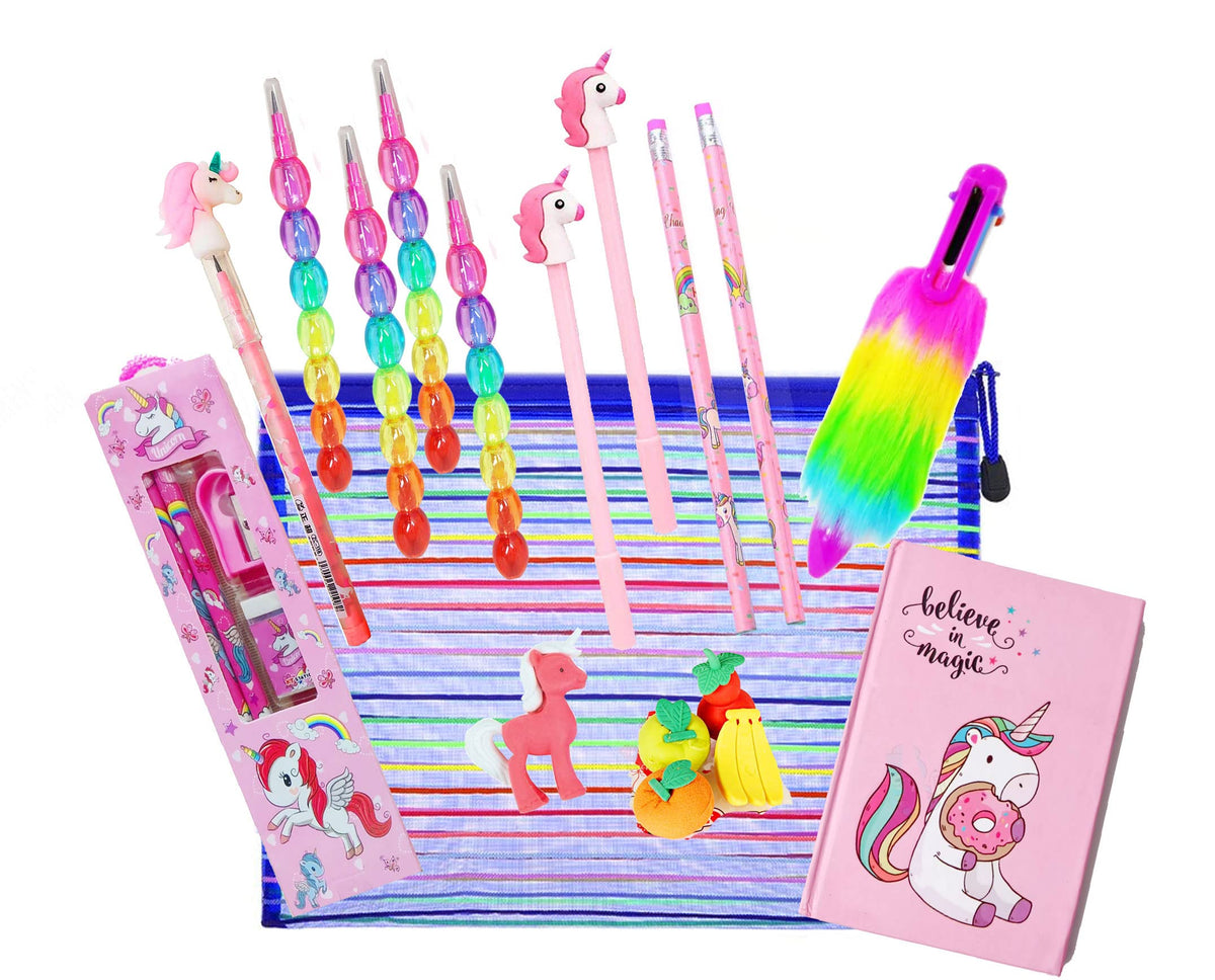 Kobbet Plastic Unicorn Cute 18 Pcs Stationery Set For Kids,Stationery Items For Girls,All Stationery Set,Include School Supplies