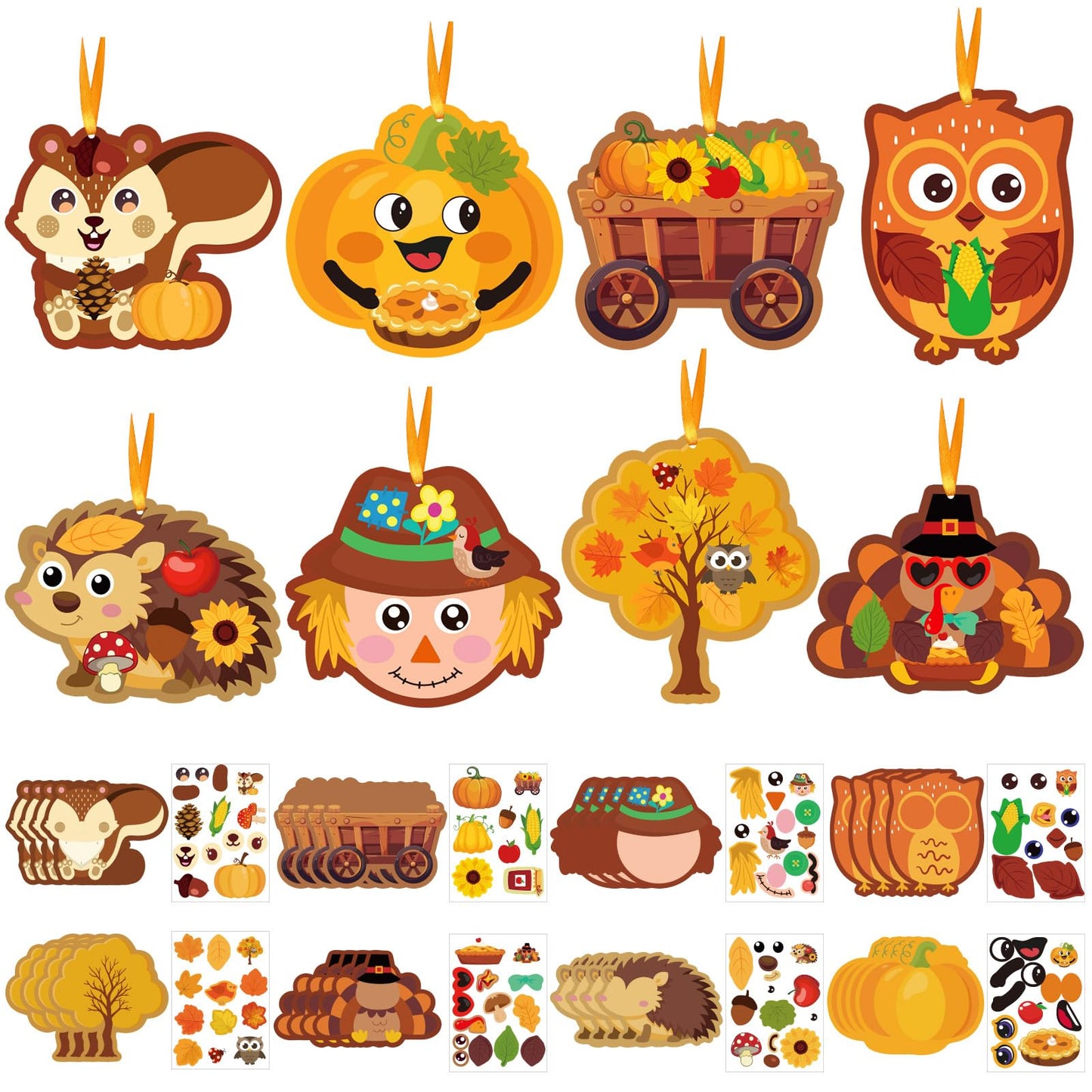 JUNEBRUSHS 32 Pcs Fall Crafts, Autumn Sticker Crafts Thanksgiving Turkey Scarecrow Sticker Fall DIY Hanging Ornaments Craft Harv