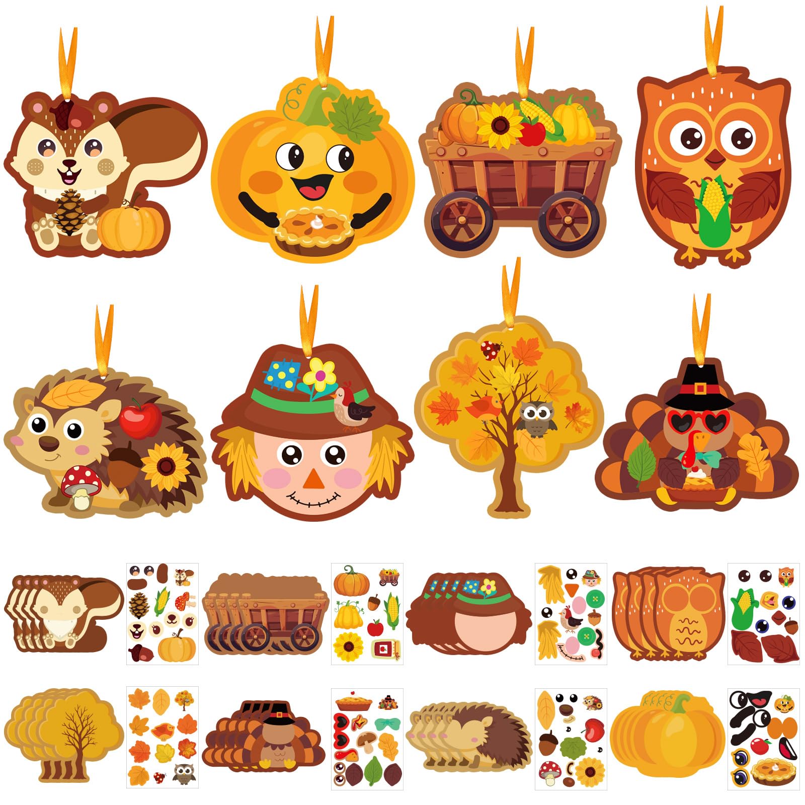 JUNEBRUSHS 32 Pcs Fall Crafts, Autumn Sticker Crafts Thanksgiving Turkey Scarecrow Sticker Fall DIY Hanging Ornaments Craft Harv