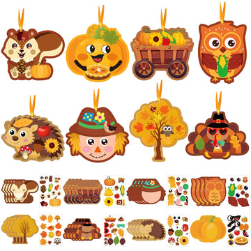 JUNEBRUSHS 32 Pcs Fall Crafts, Autumn Sticker Crafts Thanksgiving Turkey Scarecrow Sticker Fall DIY Hanging Ornaments Craft Harv