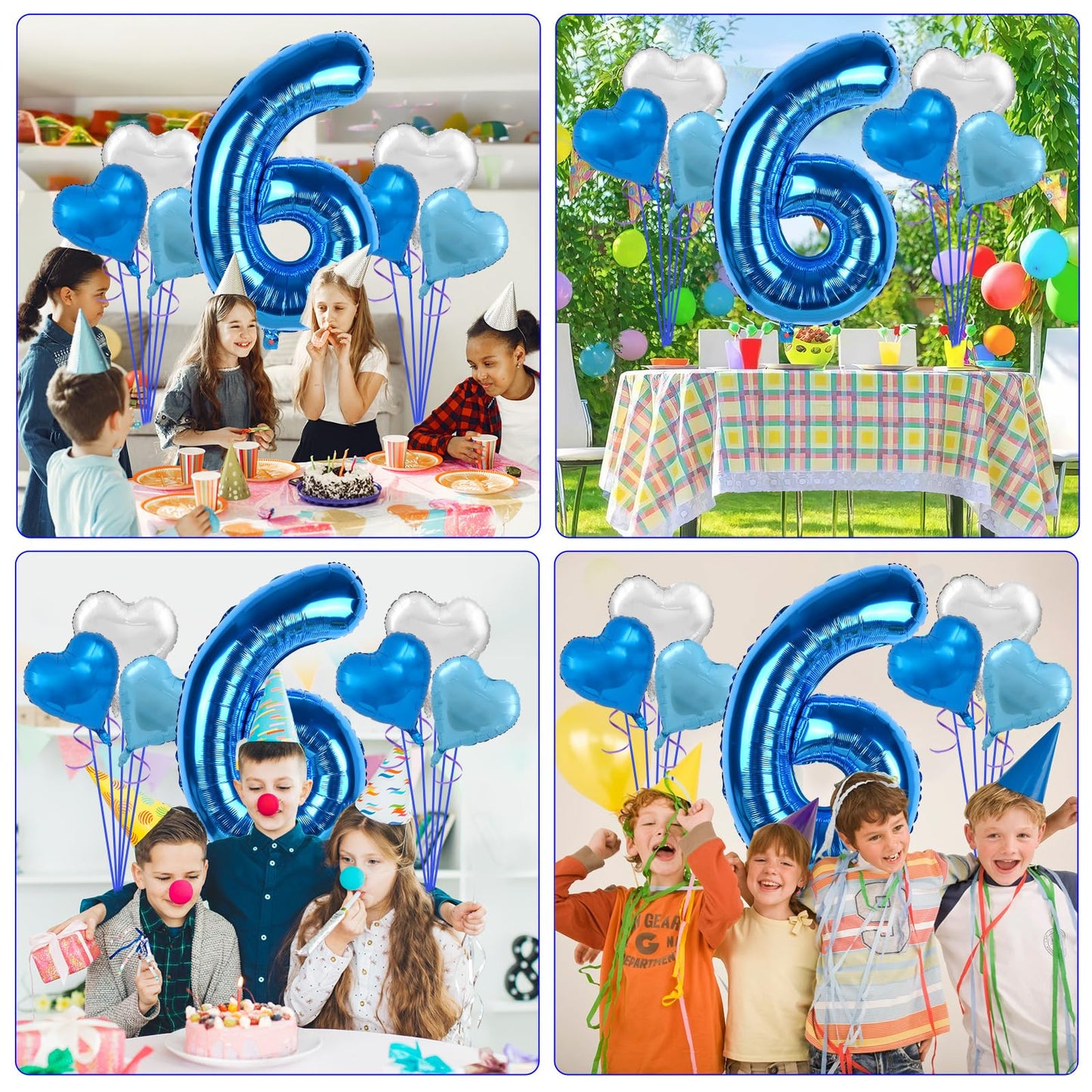 Biapian 40 Inch Blue Number 6 Balloons, Blue Large 6Th Birthday Balloons With 18'' Foil Blue Silver Heart Balloon Helium For 6Th