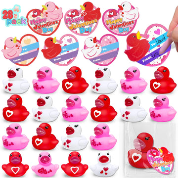 Amenon 28 Pack Valentines Rubber Ducks Valentines Gifts For Kids Toddlers Bath Squeeze Toys With Cards Classroom School Exchange Gifts Prizes Party Favor Birthday Goodie Bag Pool Bathtub Toys