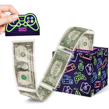 Neon Surprise Money Box Gift Pull For Game Lover- Happy Birthday Money Box For Cash Gift Set Included Happy Birthday Card And 35Pcs Transparent Bags, Fun Birthday Gift For Kids Boys Girls