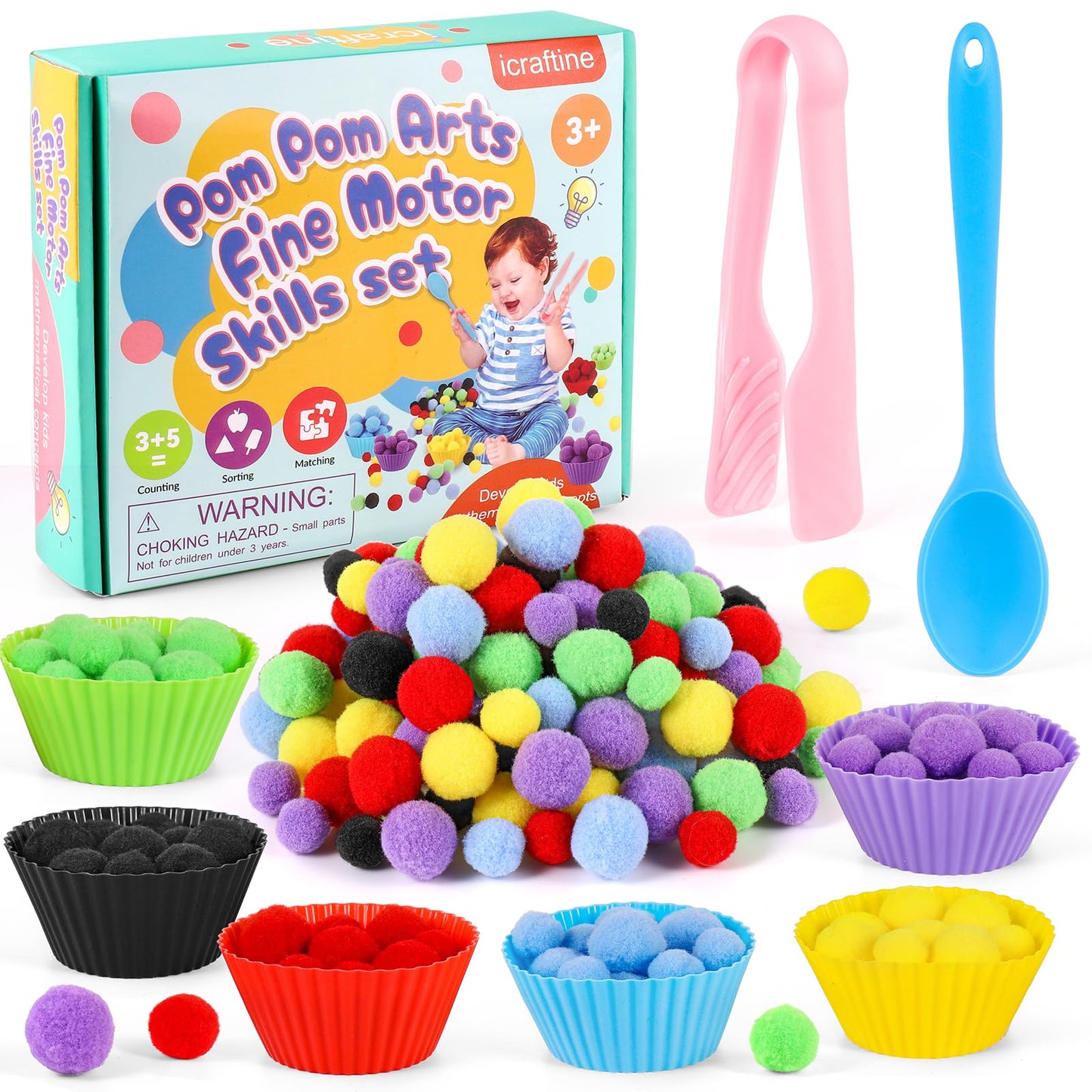 Icraftine 158 Pcs Fine Motor Skills Set - 150 Pom Poms, 6 Sorting Bowls, Tweezers, Spoon, Sensory Bin Filler For Preschool Kids