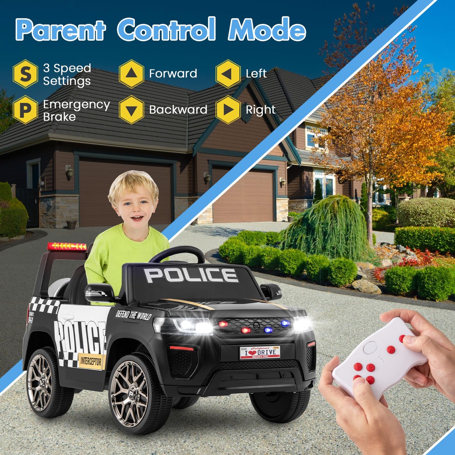 Honey Joy Police Car Ride On, 12V Battery Powered Ride On Car With Remote Control, Siren & Flashing Lights, Spring Suspension, M