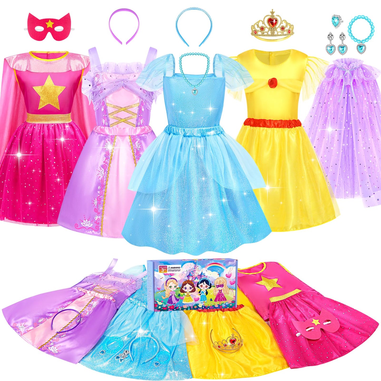 Jeowoqao Princess Dresses For Girls, Princess Dress Up Clothes Little Girls Princess Costumes With Capes Toys Christmas Birthday Gift For Toddler Girl Age 3 4 5 6