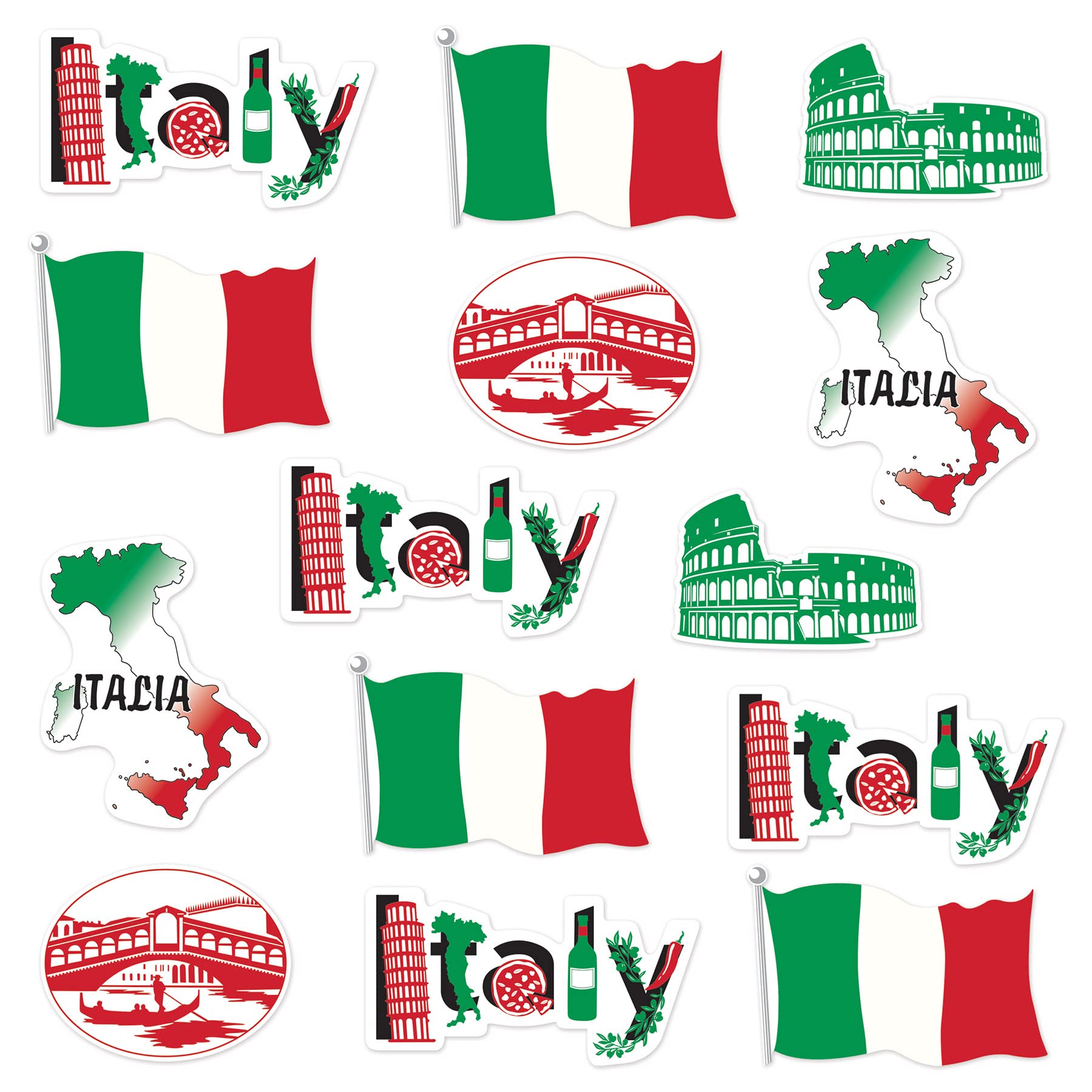 Beistle 53674 Italian Cut Outs 14 Piece Italy Decorations International Around The World Party Supplies, 12-16, Red/White/Green/