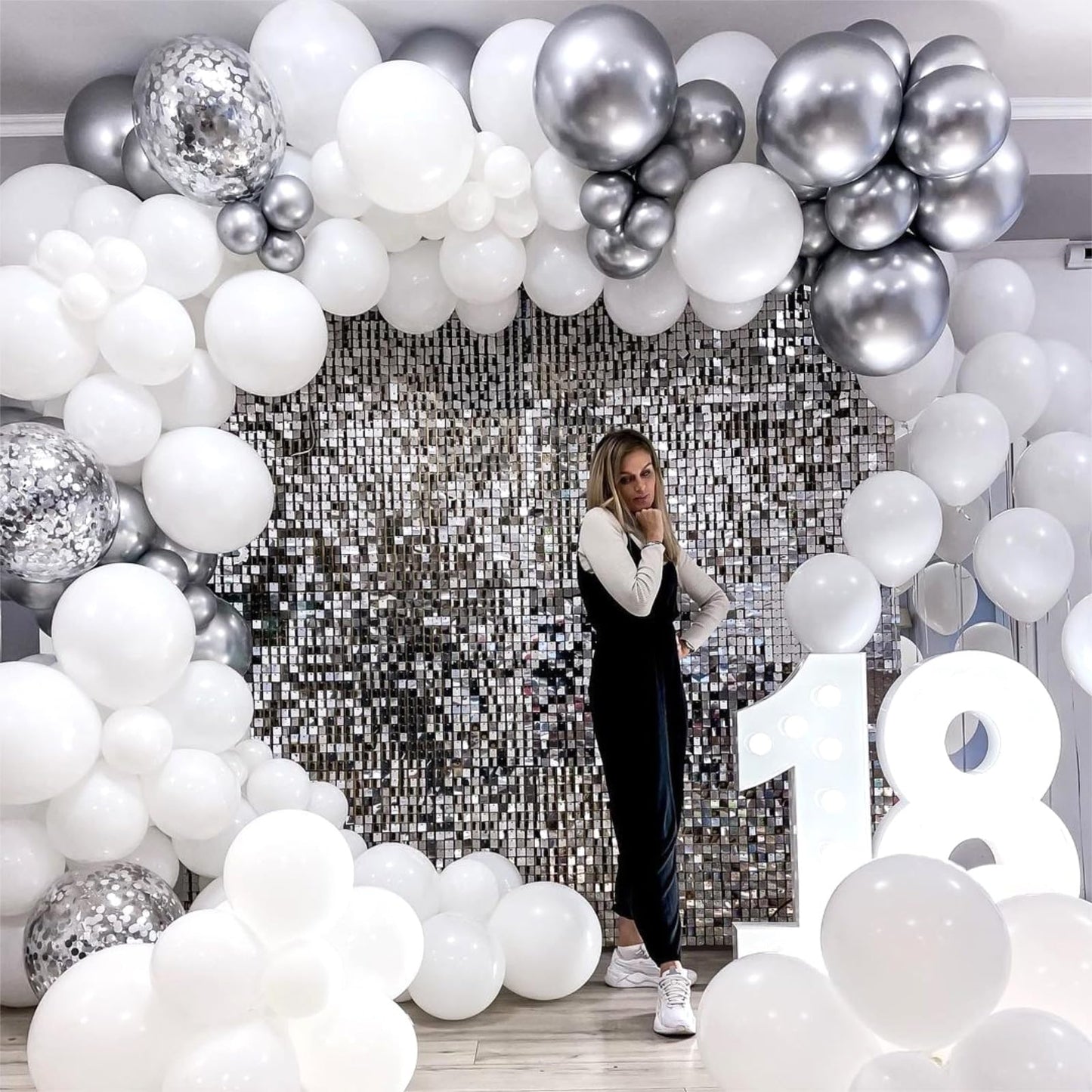Silver And White Balloons, 12 Inch Metallic Silver White Latex Balloons Set Decor With Silver Confetti Helium Balloons For Boys