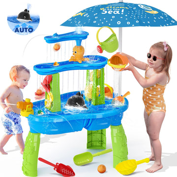 ?2025 Newest?Auto Water-Absorbing Water Table For Toddlers 1-3, 3-Tier Kids Water Table With Umbrella Splash Pond, Outdoor Toys