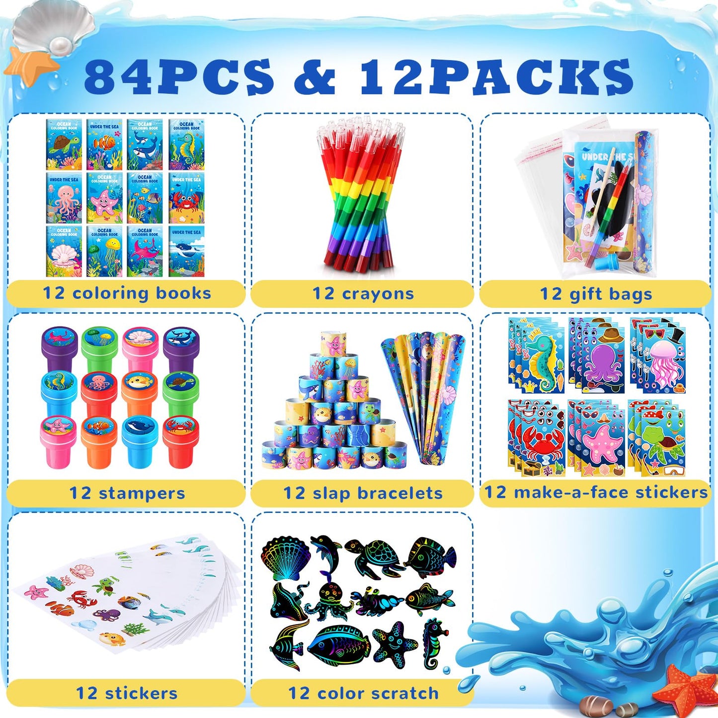 BenLouis 96Pcs Under the Sea Party Favors Ocean Animals Party Coloring Books Set Bulk for Kids Sea Fish Birthday Mermaid Party G