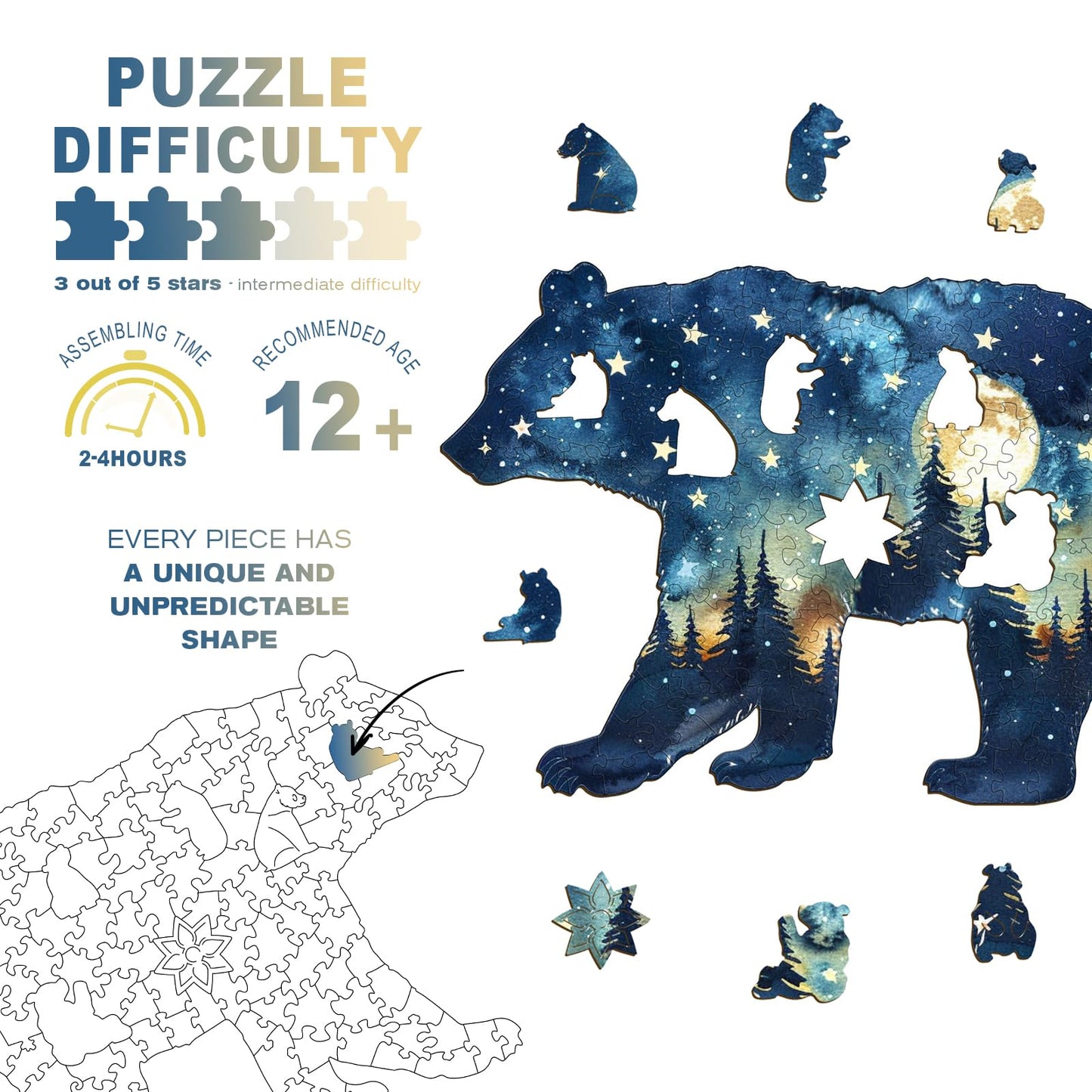 Wooden Puzzles for mature-themeds - Astral Bear Wooden Jigsaw Puzzle - Unique Animal Shaped Wood Puzzles mature-themed - Christmas Birthday Gifts for mature-themeds/Friends/Family - 100 Pcs 9.1 * 6in