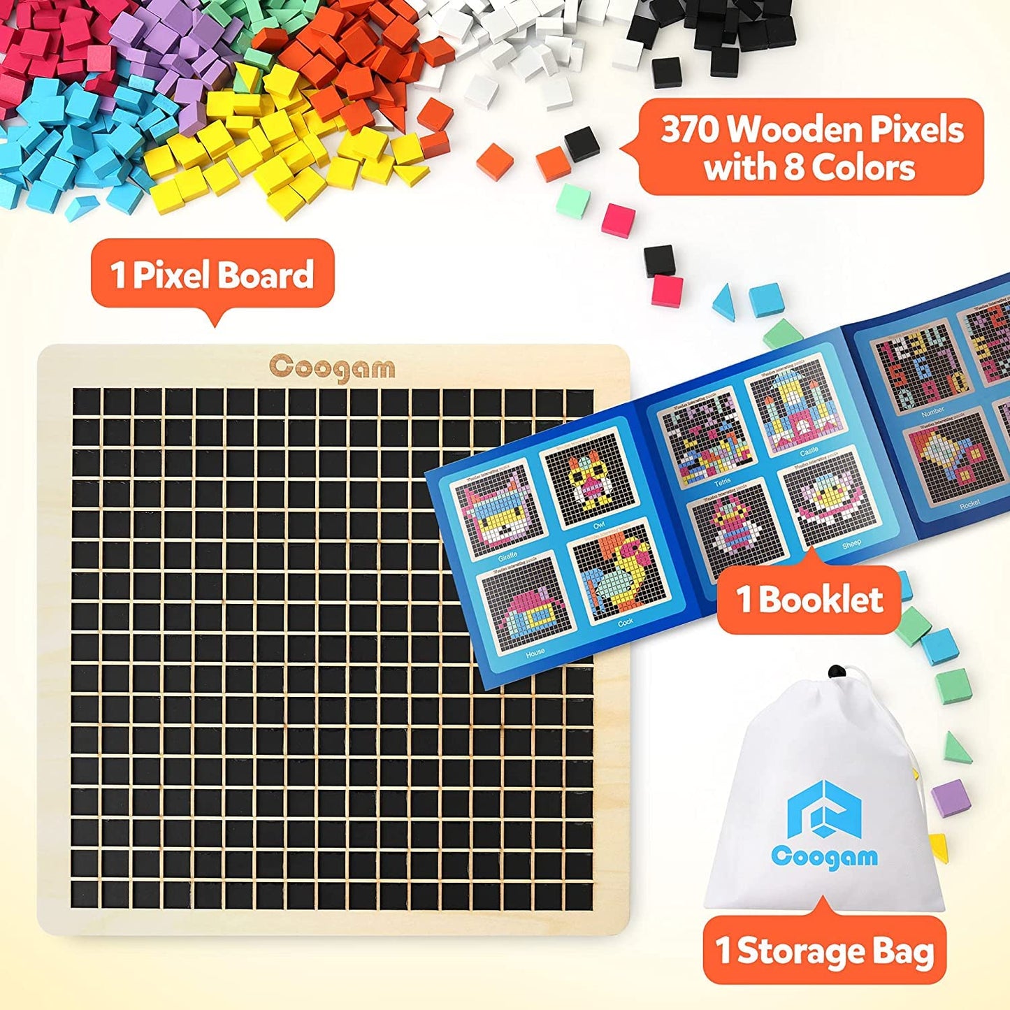 Alyasameen Coogam Wooden Mosaic Puzzle, 370PCS Multicolor Shape Blocks, Small STEM Toy for Kids Ages 4-7, Model LYEU050