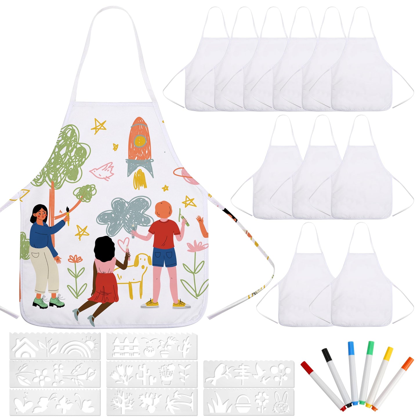 Pllieay 26 Pcs Diy Kid Aprons Toddler Painting Apron With Colored Pen And Stencils For Crafts White Aprons For Diy Craft