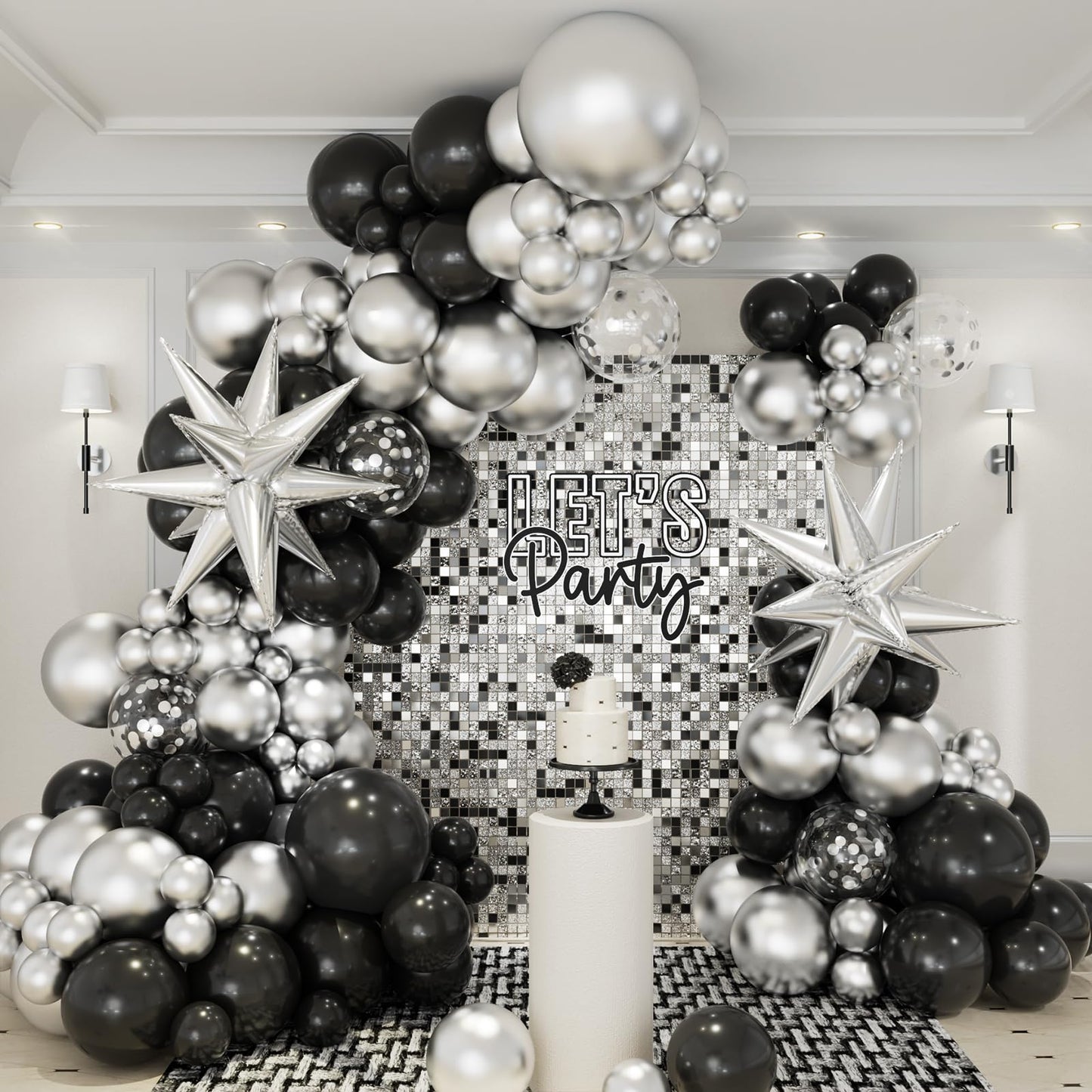 Black And Silver Balloons Garland Arch Kit, 146Pcs Metallic Silver And Black Balloons With Silver Exploding Star Foil Balloons F
