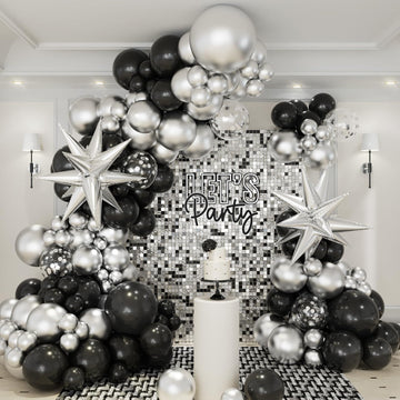 Black And Silver Balloons Garland Arch Kit, 146Pcs Metallic Silver And Black Balloons With Silver Exploding Star Foil Balloons F