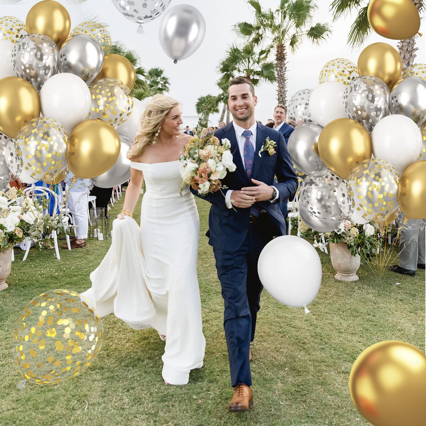 Paready Gold and Silver Latex Balloons, 12 Inch, 60 Pcs, Metallic Gold, Silver, and White Confetti for Celebrations