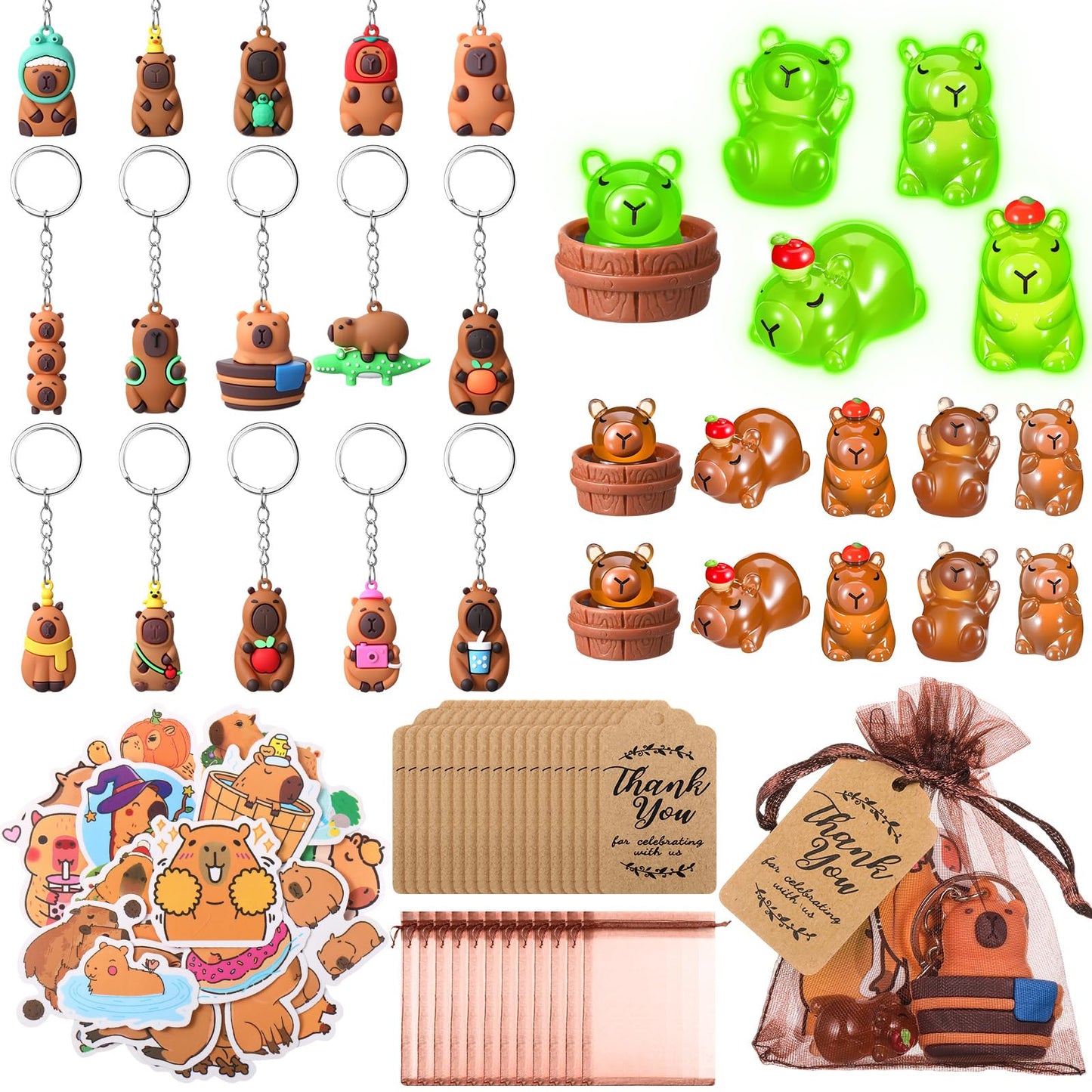 Nosiny 106 Pcs Capybara Gifts Christmas Cute Animal Set Include Capybara 3D Keychains, Luminous Resin Figures, Stickers Goodie B