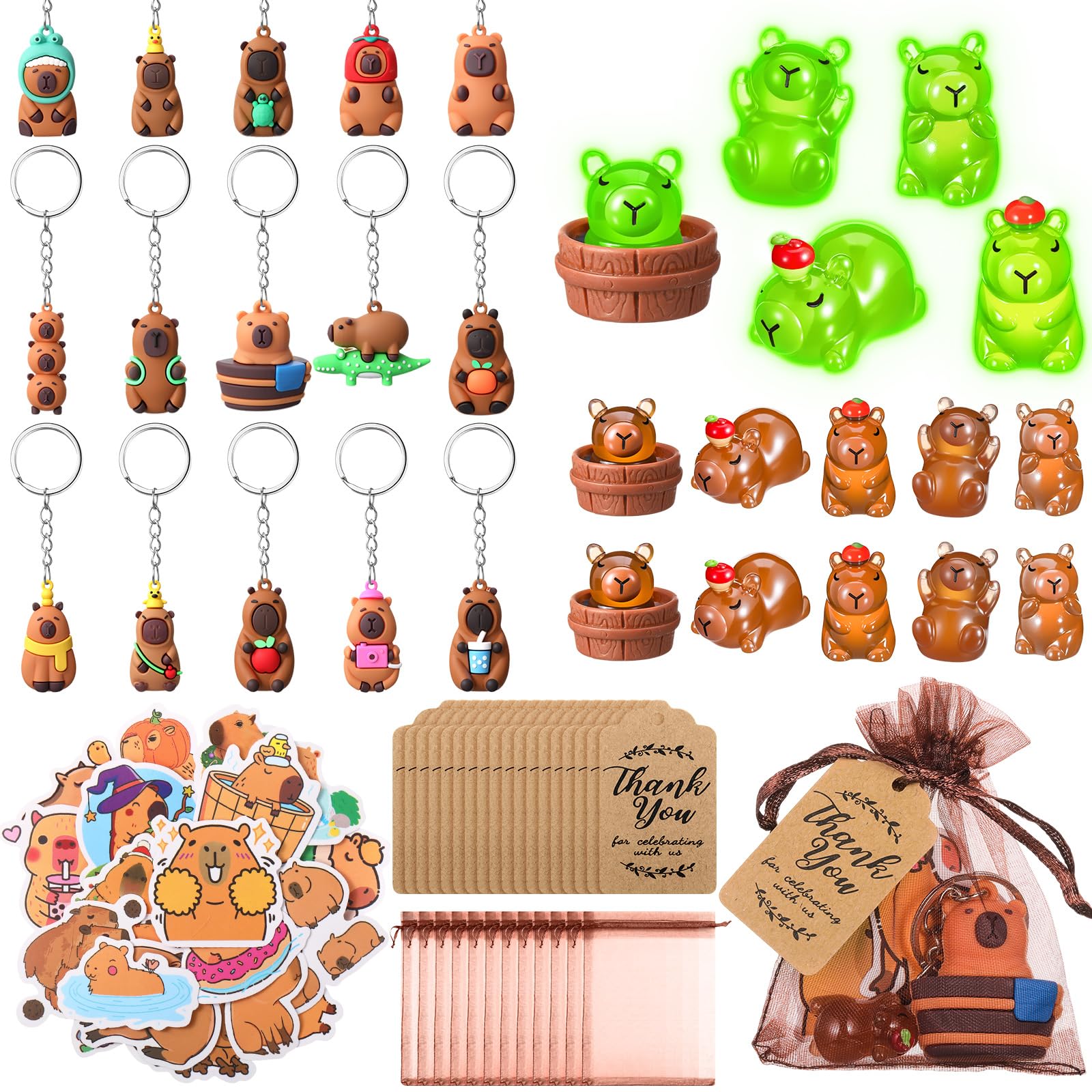 Nosiny 106 Pcs Capybara Gifts Christmas Cute Animal Set Include Capybara 3D Keychains, Luminous Resin Figures, Stickers Goodie B
