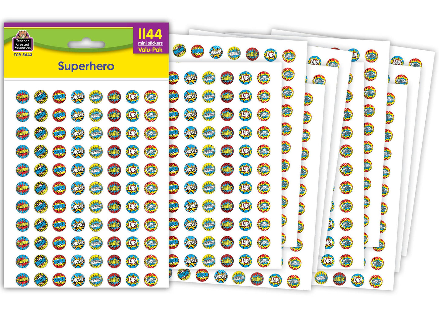 Teacher Created Resources Superhero Mini Stickers Valu-Pak, 3/8 in, Multicolored, 1144 Pieces